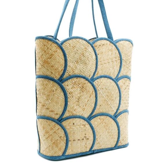 Poolside Denim Trim Scallop Straw Wicker Tote Beach/Bag - Picture 1 of 16